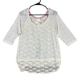 Self Esteem Womens Blouse Beige 3/4 Sleeve Knit Lace Open Back Sheer  Linen XL